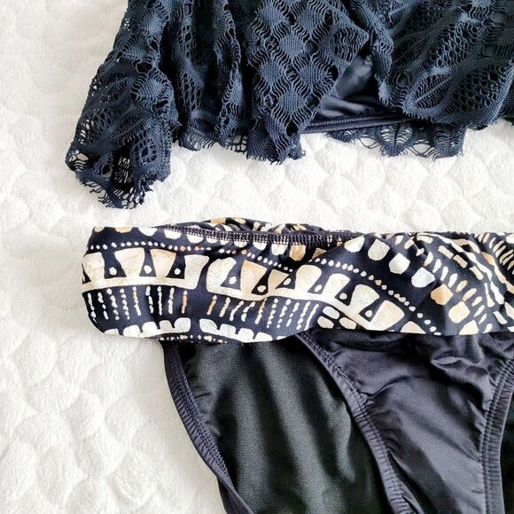 New Kenneth Cole Reaction bikini swimsuit bathingsuit large black flounce lace - Picture 8 of 8